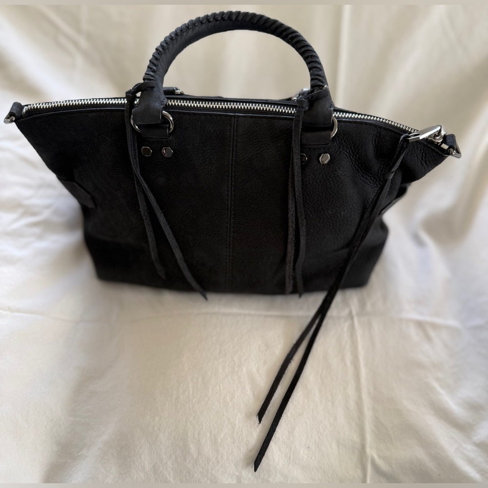 Rebecca Minkoff Black Pebbled Suede Moto Satchel Crossbody Top Handle Handbag - Picture 4 of 9